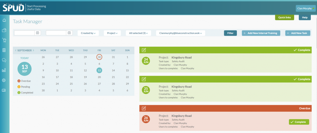 Project calendar showing completed and overdue tasks on the task manager page.